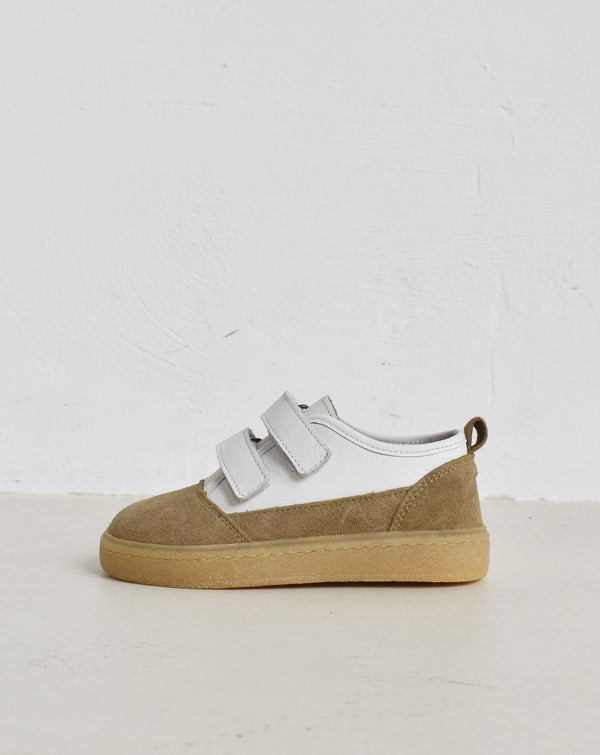 du Codi - Baskets Velcro - Daim kaki délavé/Cuir blanc